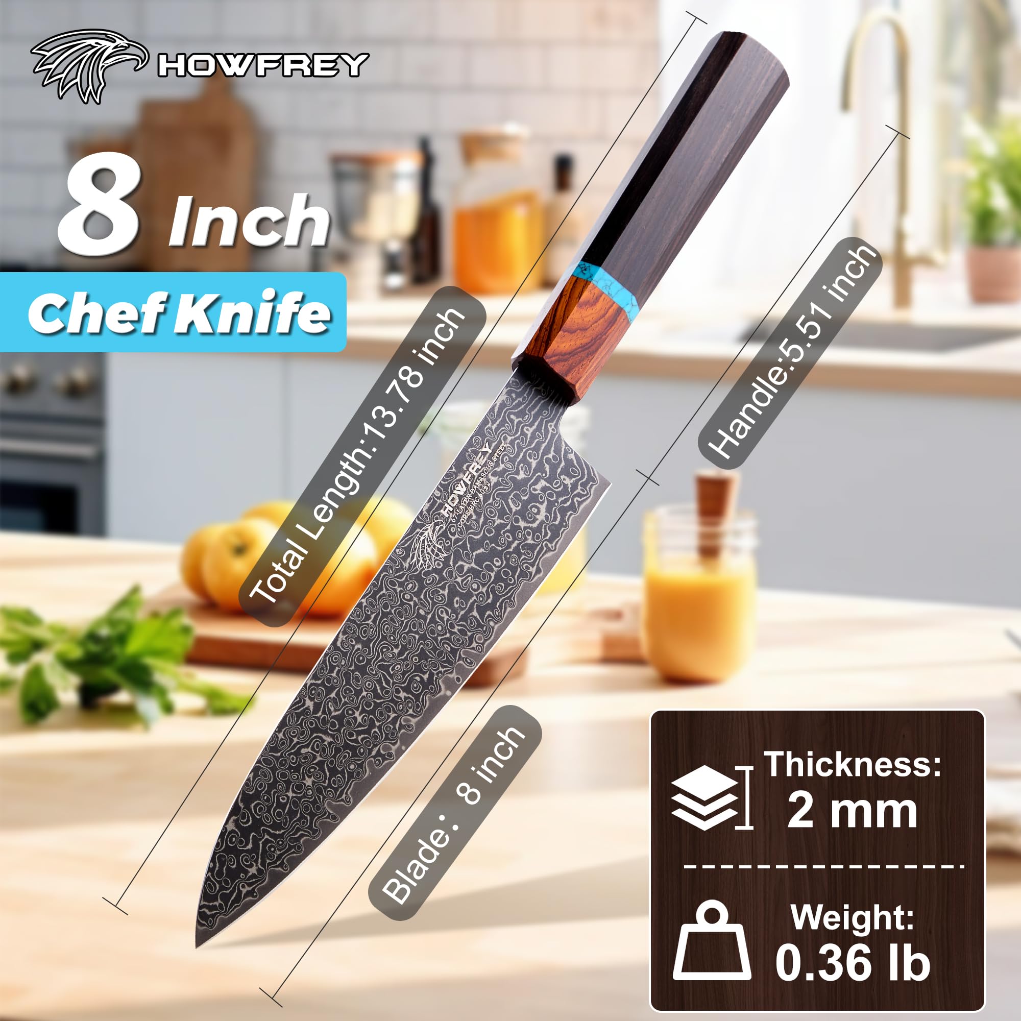 Howfrey Damascus chef knife ergonomic boxwood handle for comfortable long prep sessions.