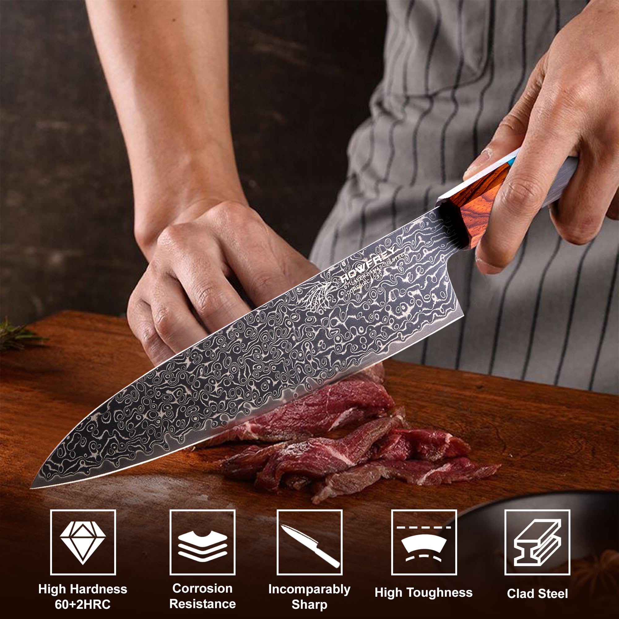 Howfrey Damascus chef knife slicing vegetables with even dice.