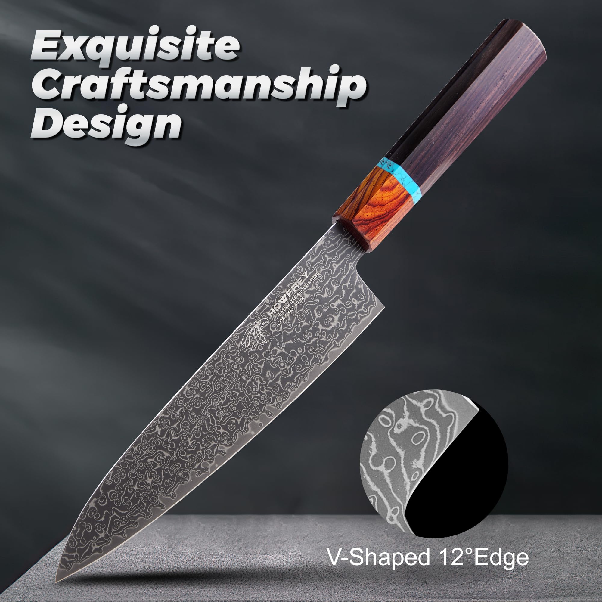 Howfrey VG-10 core on blade indicates strong edge retention and rust resistance.
