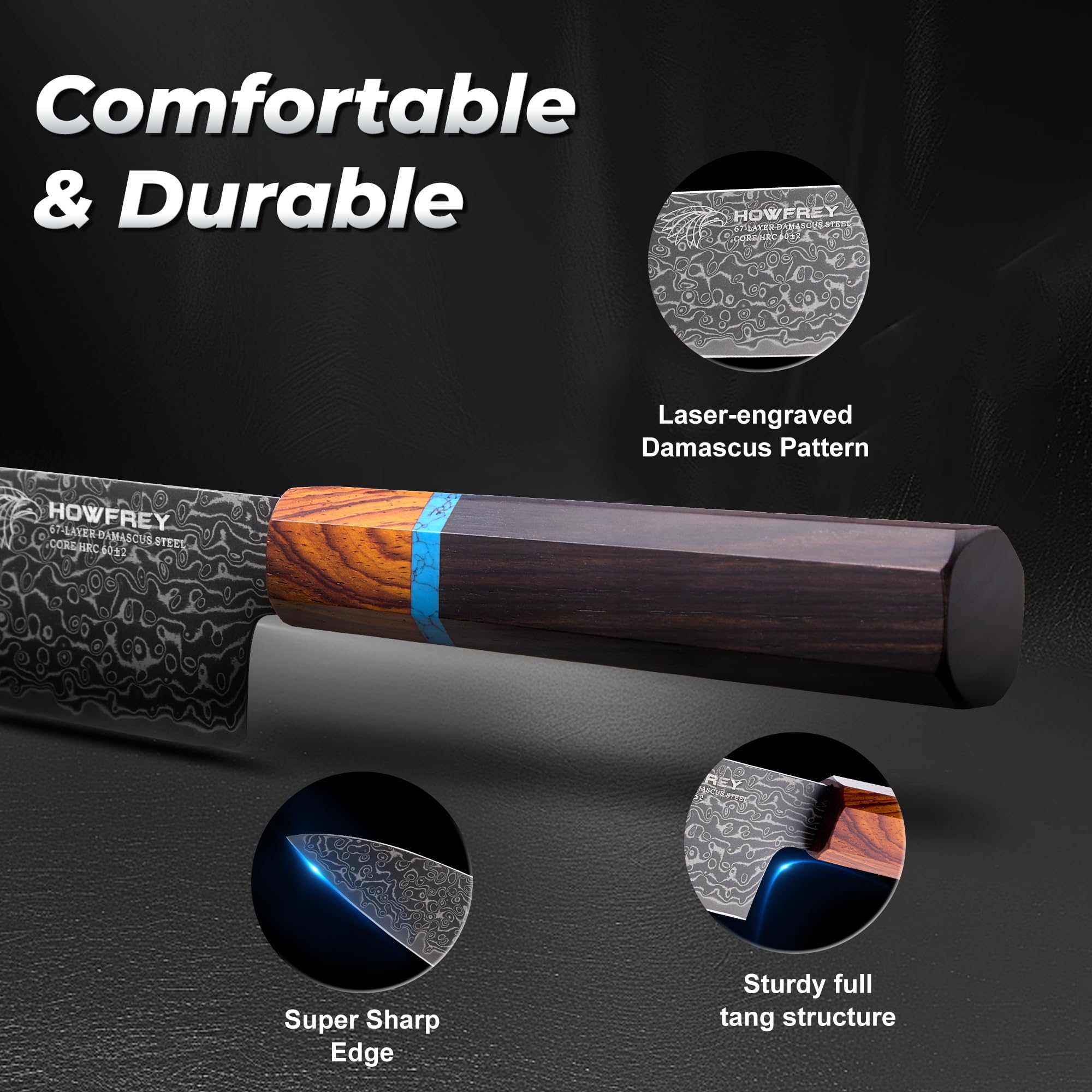 Howfrey Damascus steel layers on the blade highlight durability and edge retention.