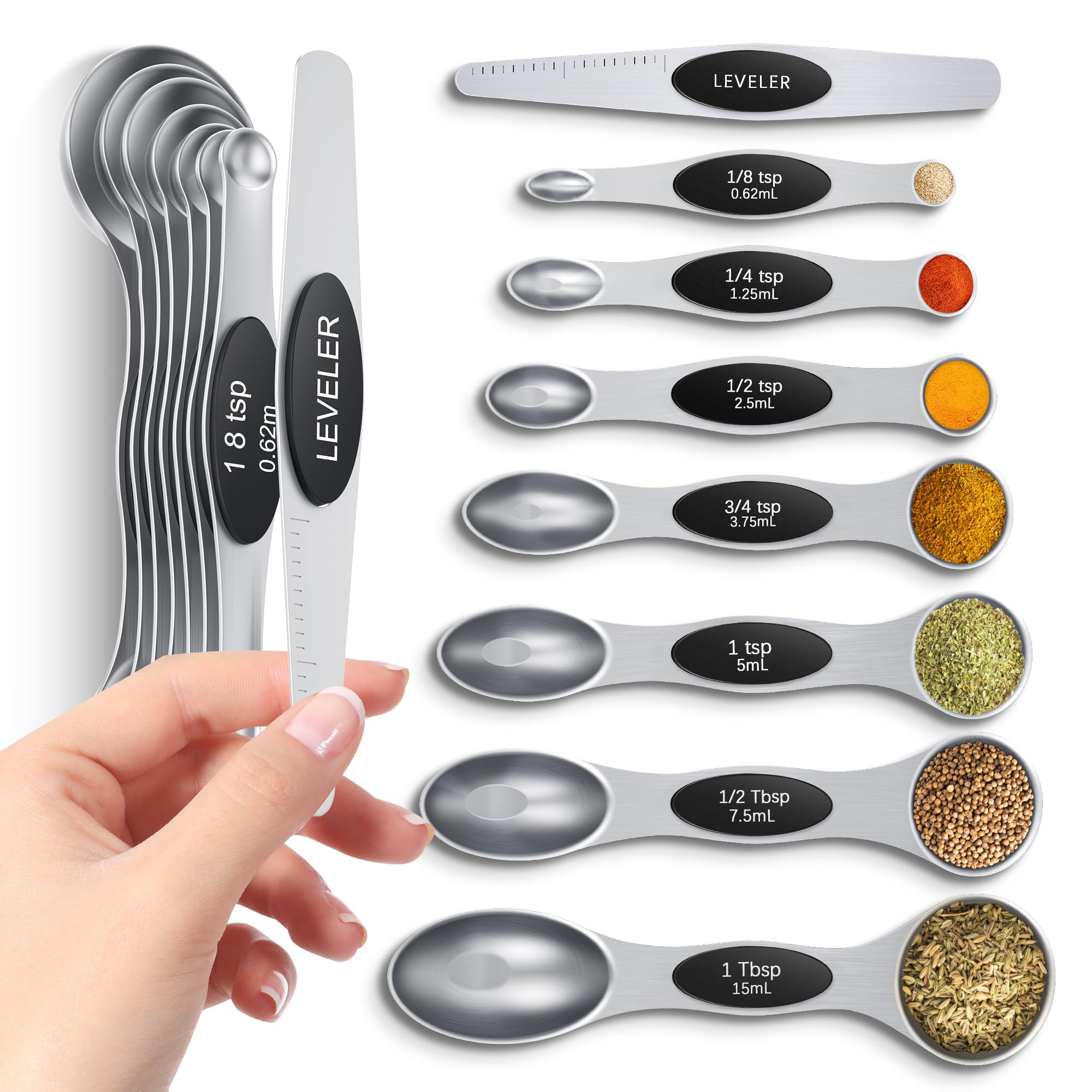 Howgoody magnetic measuring spoons set with strong magnets for tidy, efficient storage.