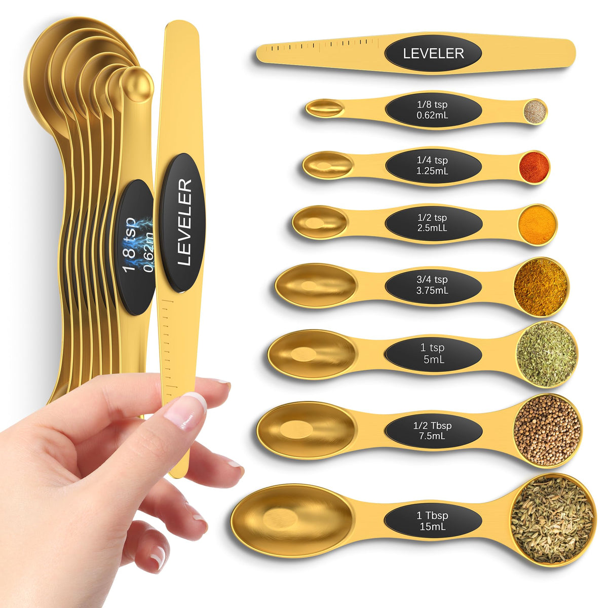 Howgoody magnetic measuring spoons set in gold demonstrating nesting for space-saving storage