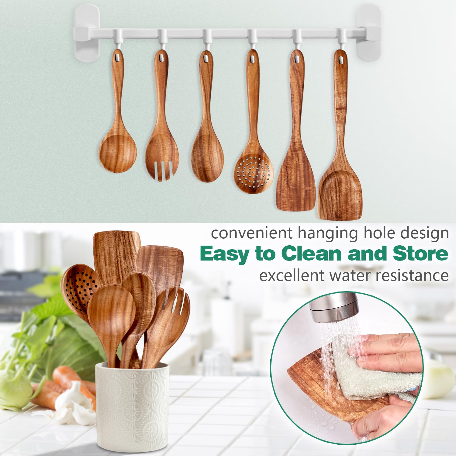 HOWHONG wooden utensils designed for nonstick pans and delicate surfaces.