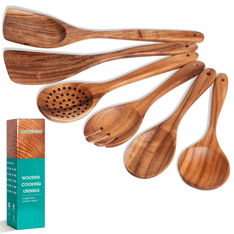 HOWHONG teak wood spoons set with natural grain, gentle on nonstick cookware.