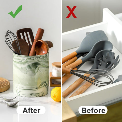 Howise kitchen decor idea featuring a ceramic crock for stylish organization.