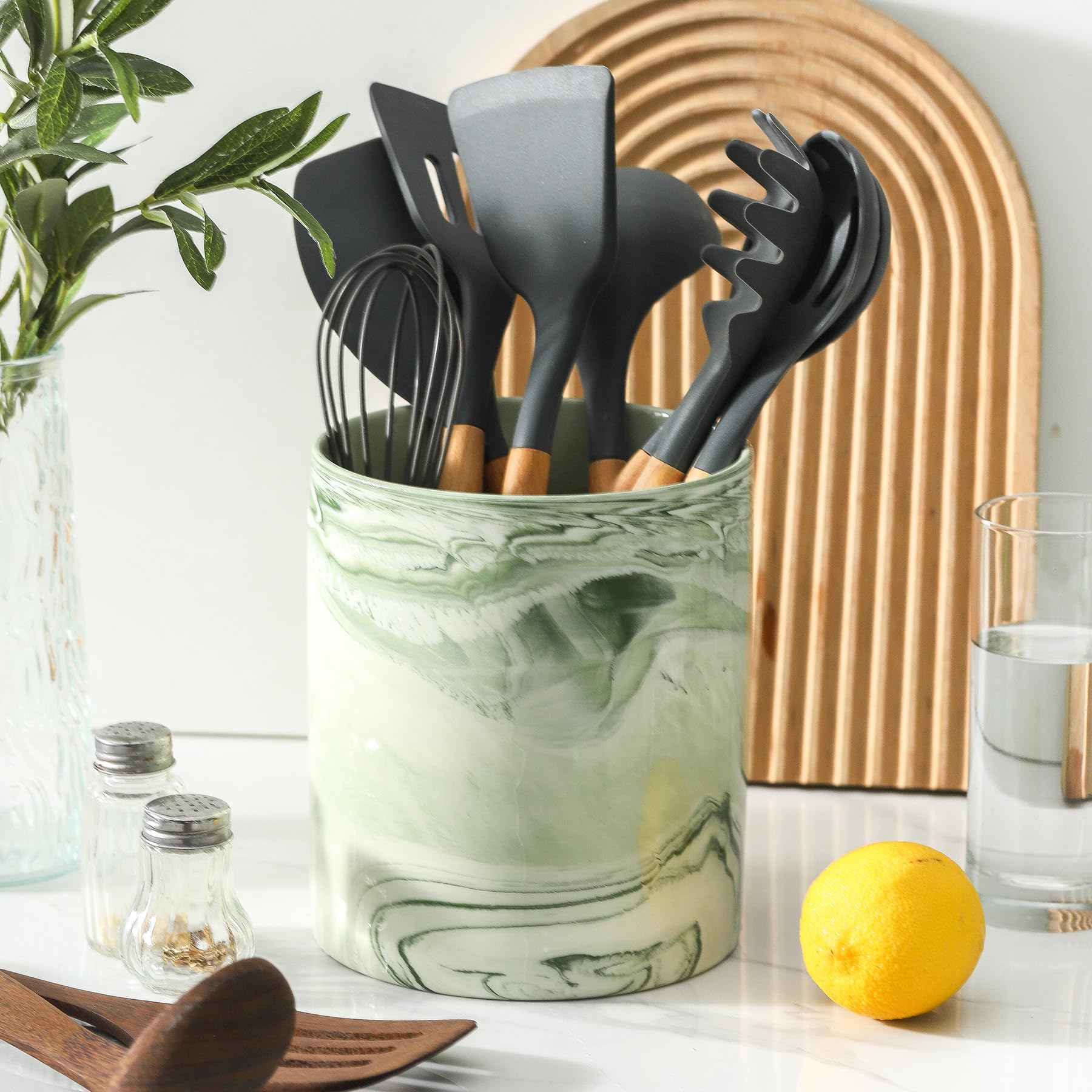 Howise marble green utensil holder front view keeps tools organized within easy reach.
