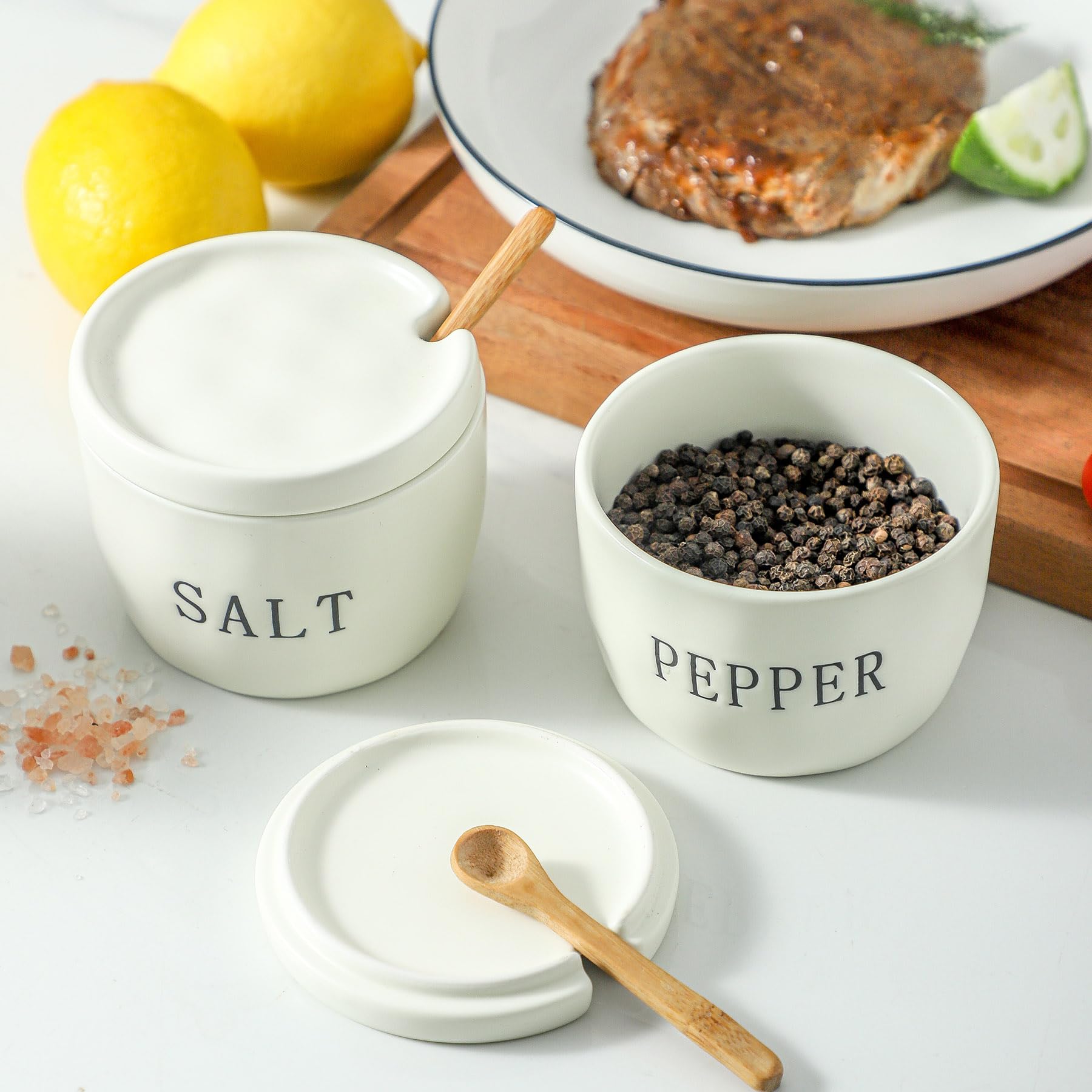 Howise white ceramic salt and pepper holder set complements counter-top organization.