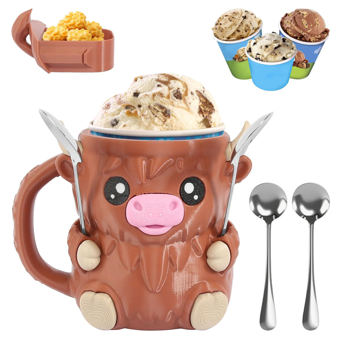 Hoxxu Highland Cow front view pint holder features insulated design for cold dessert enjoyment.