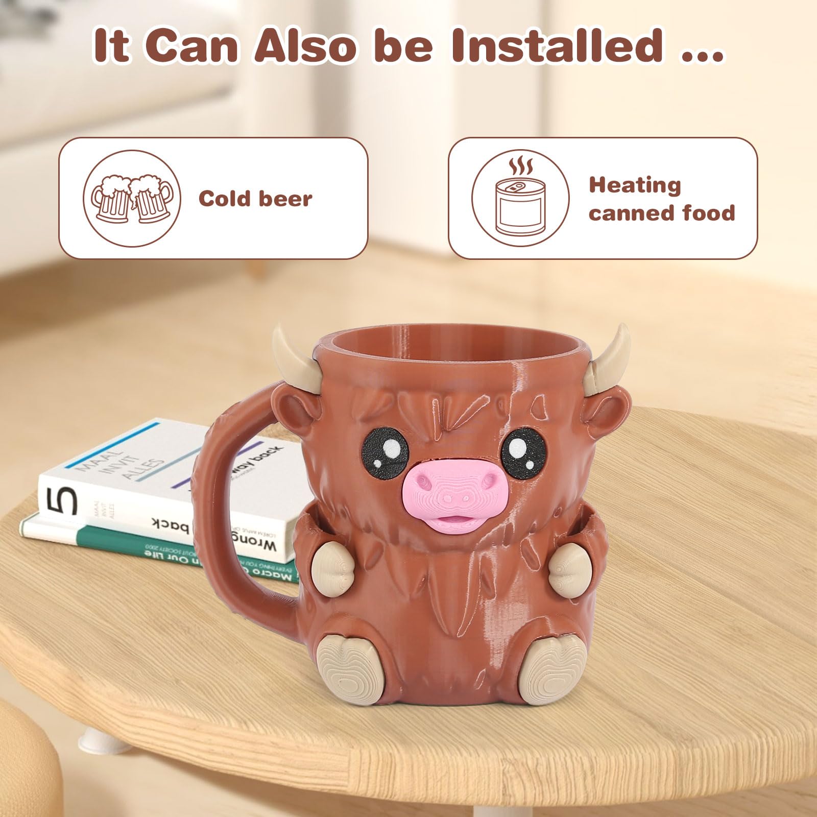 Hoxxu Highland Cow hidden drawer demonstrates convenient toppings storage.