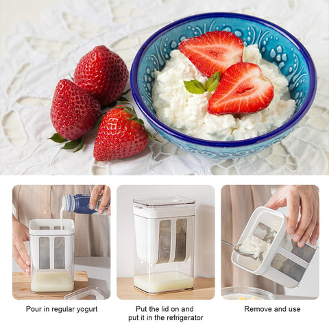 Hoxxu yogurt straining process setup showing steps