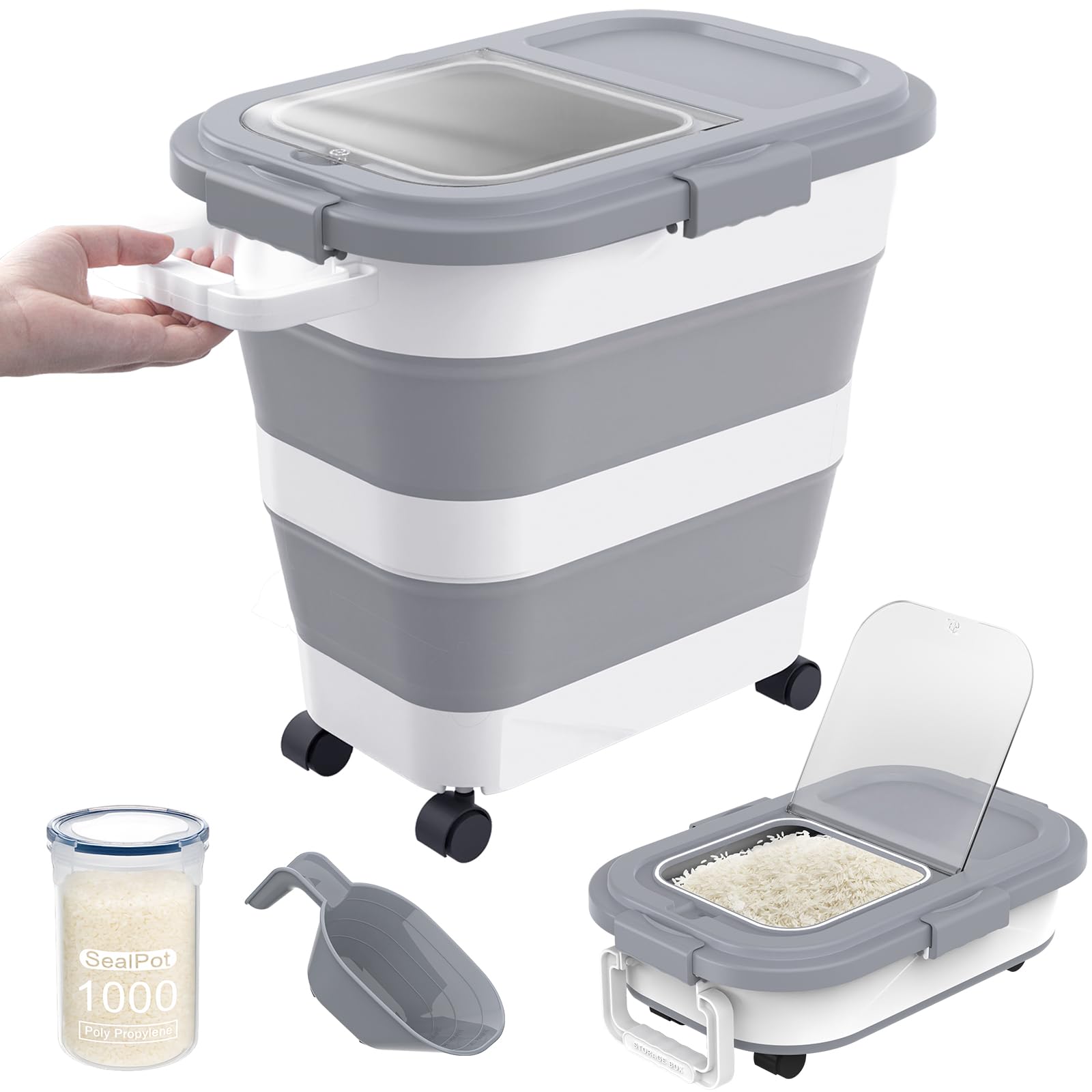 HOYTAMDAR rice container with collapsible wheels for easy transport.
