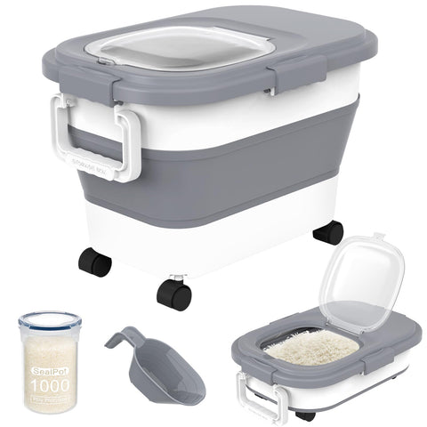 HOYTAMDAR rice container with collapsible wheels for easy movement.