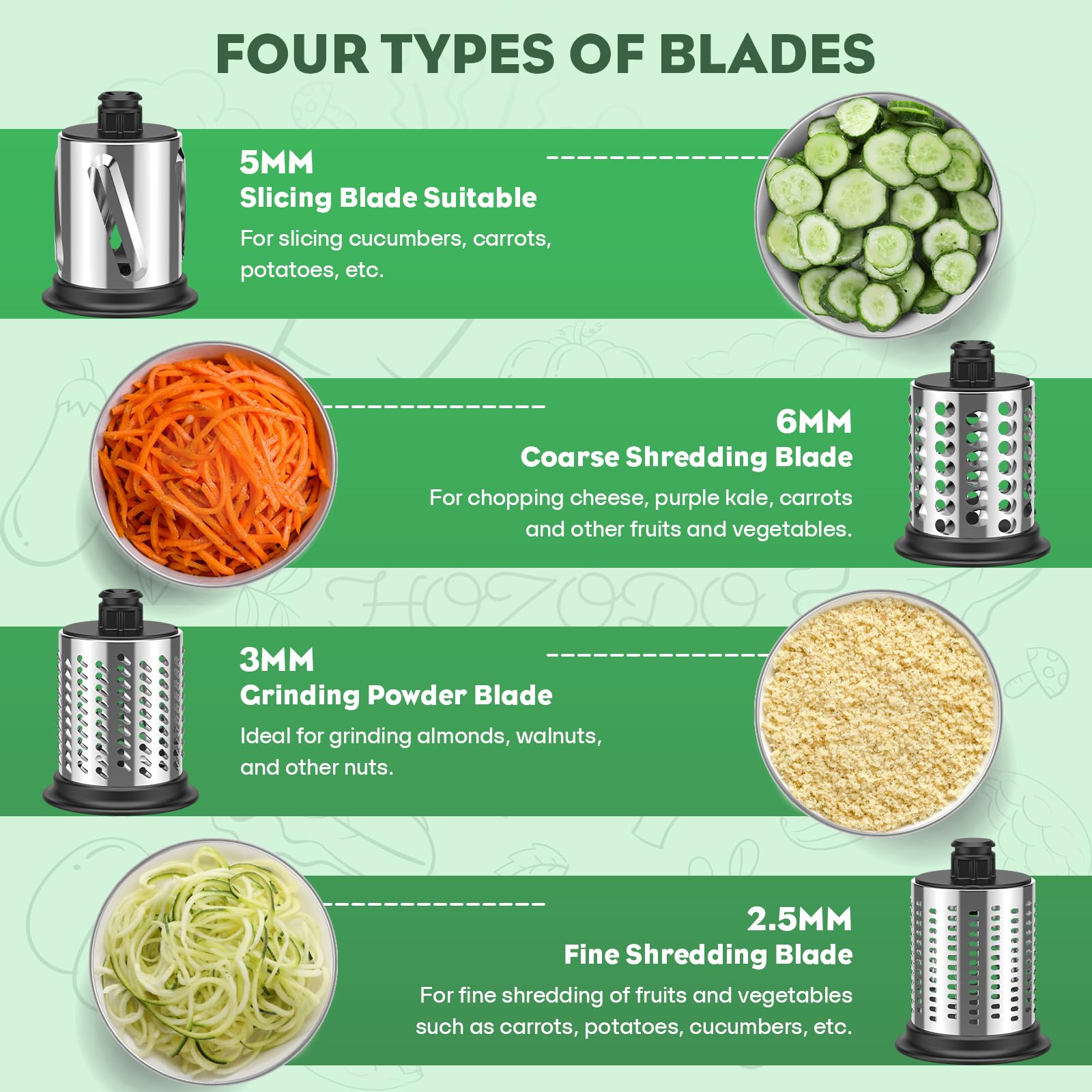 HOZODO fine shredding blade 2.5mm creates delicate texture for toppings.