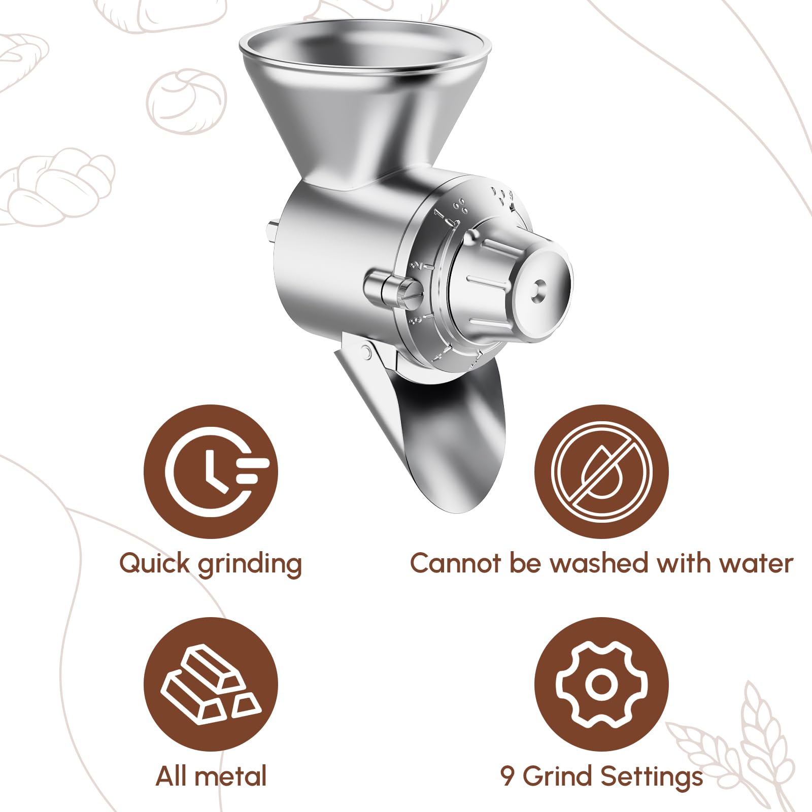 HOZODO Grain Mill Attachment for KitchenAid — nine grind settings for texture control.