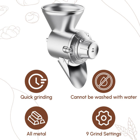 HOZODO Grain Mill Attachment for KitchenAid — nine grind settings for texture control.