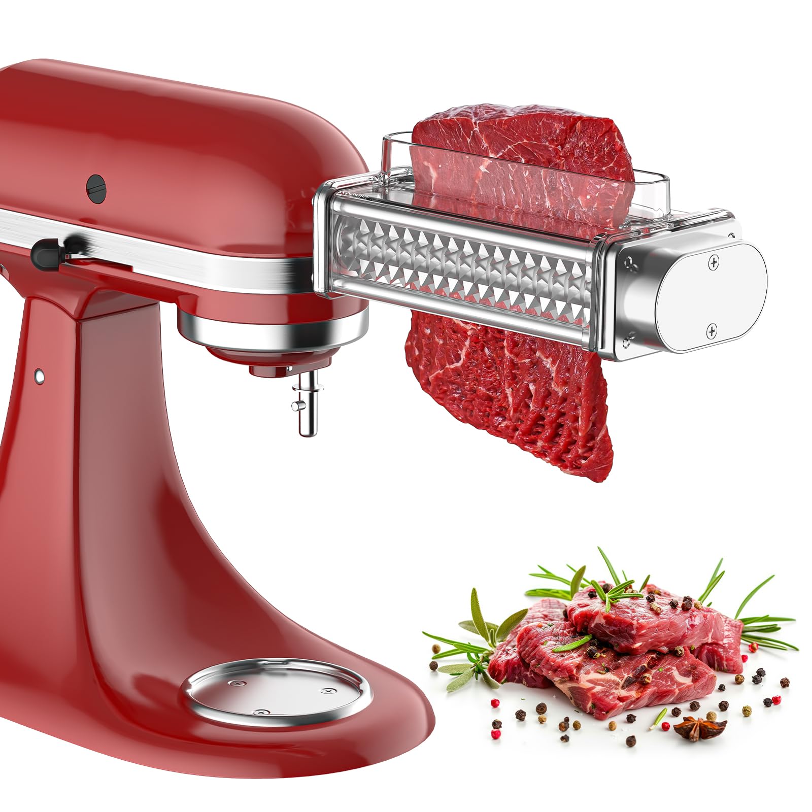 HOZODO meat tenderizer attached to KitchenAid mixer for faster tenderizing.