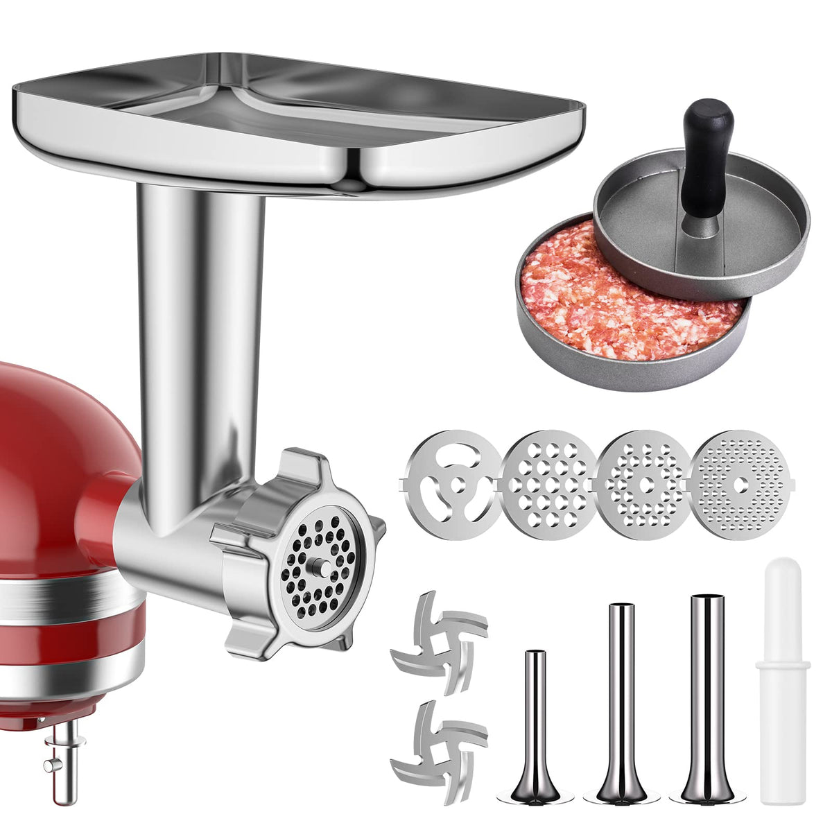 HOZODO metal meat grinder attachment, front view, sturdy build for reliable KitchenAid processing.