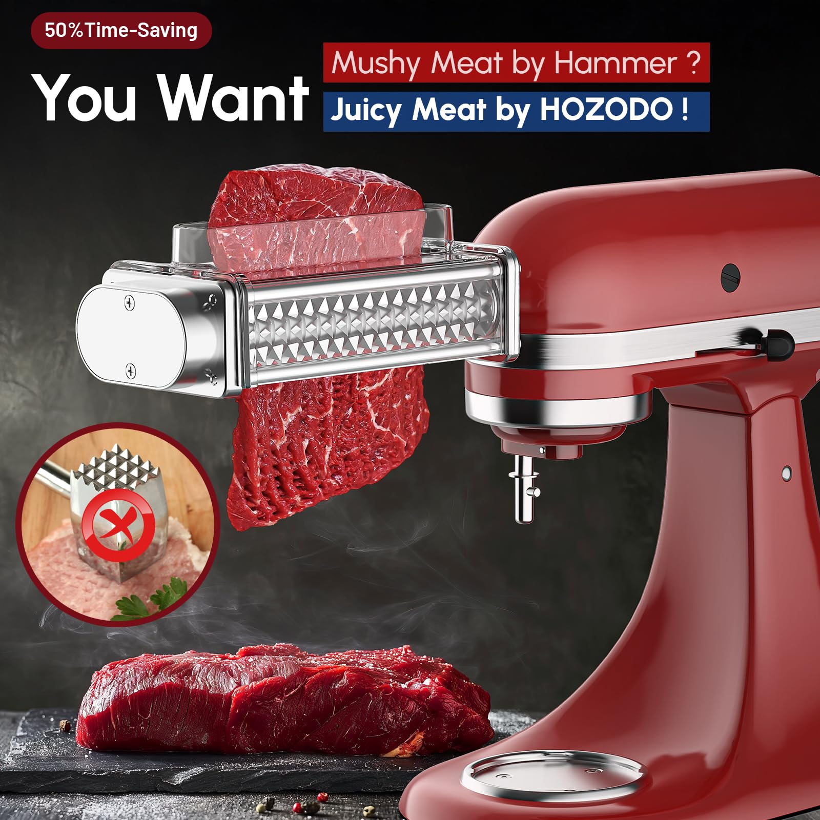 HOZODO transparent cover shows tenderizing action on meat.