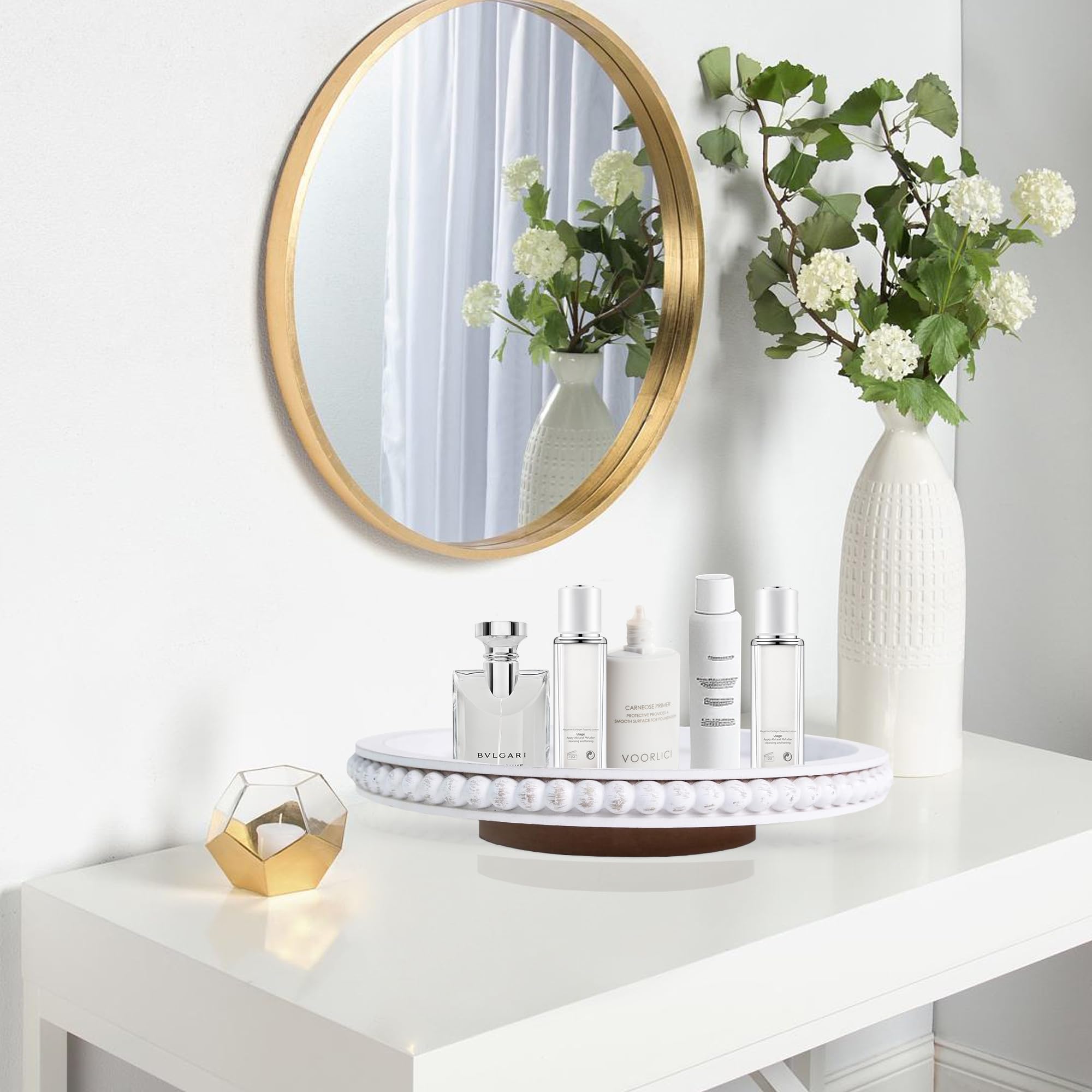 HPC Decor bathroom storage solution using beaded lazy susan