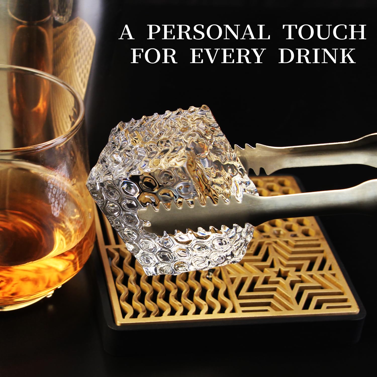 HRCOYES brass stamp designs large crystal-clear ice cubes for premium drink presentation.