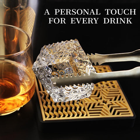HRCOYES brass stamp designs large crystal-clear ice cubes for premium drink presentation.