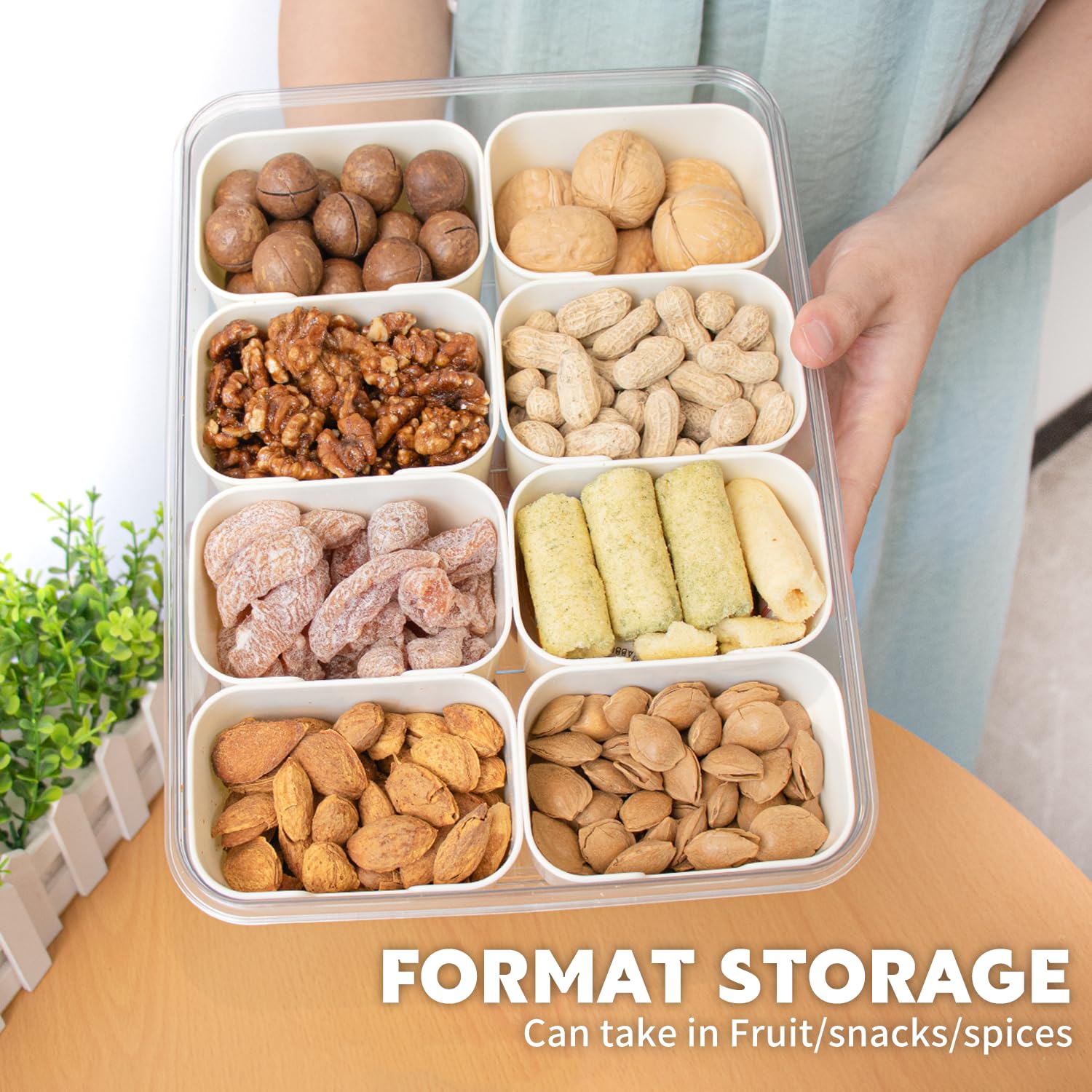 HRXFOZ clear outer container highlights fruits and nuts.