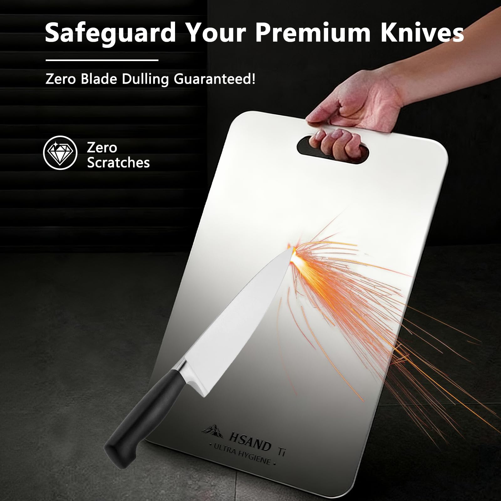 HSAND titanium cutting board, knife-friendly edge protects blades during chopping.
