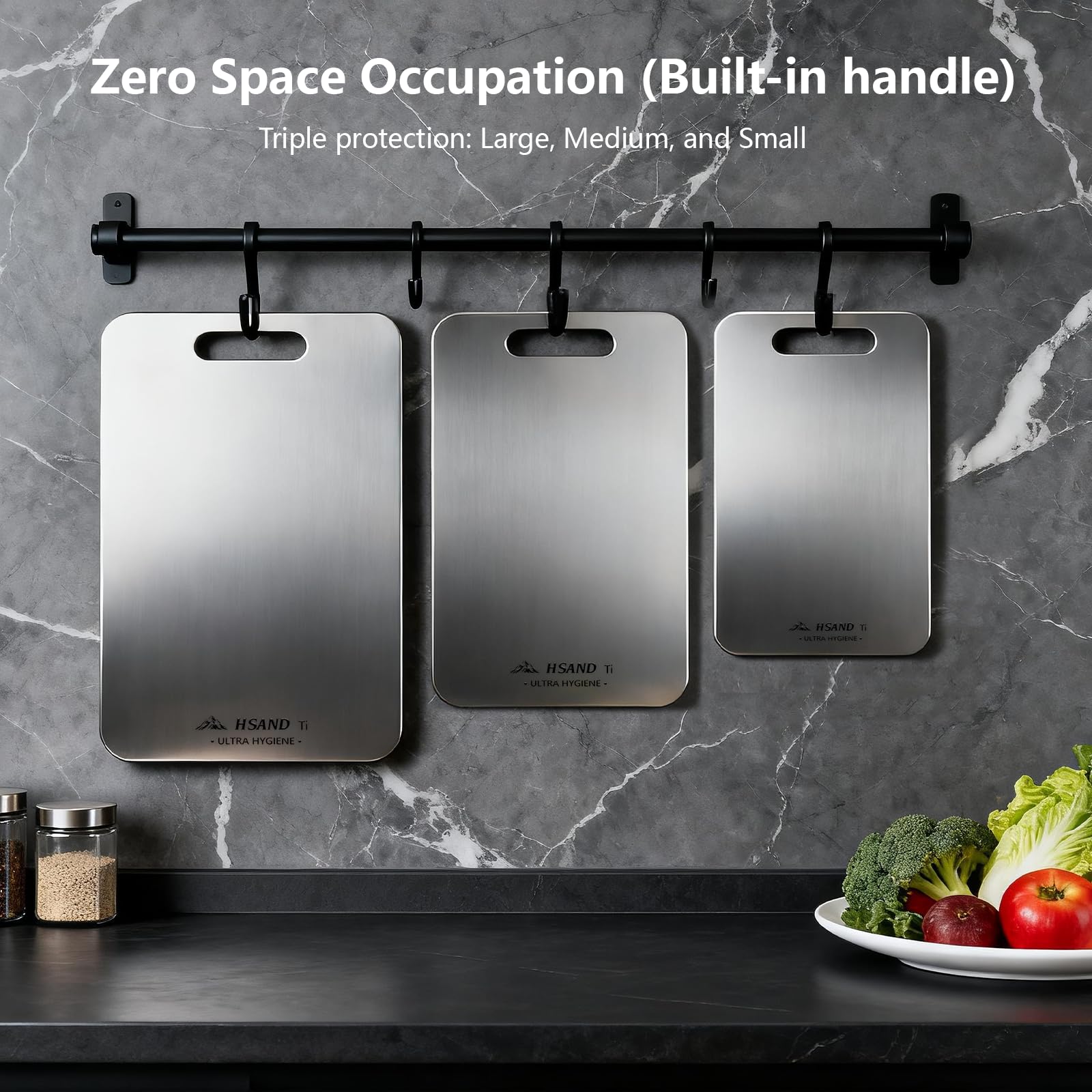 HSAND titanium cutting board set, stacked storage, space-saving organization.