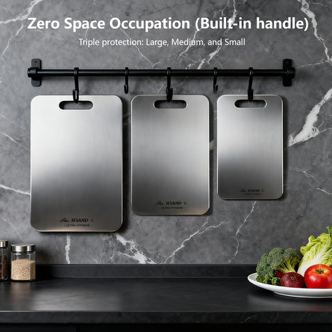 HSAND titanium cutting board set, stacked storage, space-saving organization.