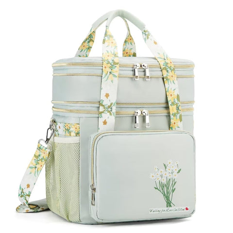 HSHRICH lunch bag with green flowers, front view, ideal for daily work or picnics.