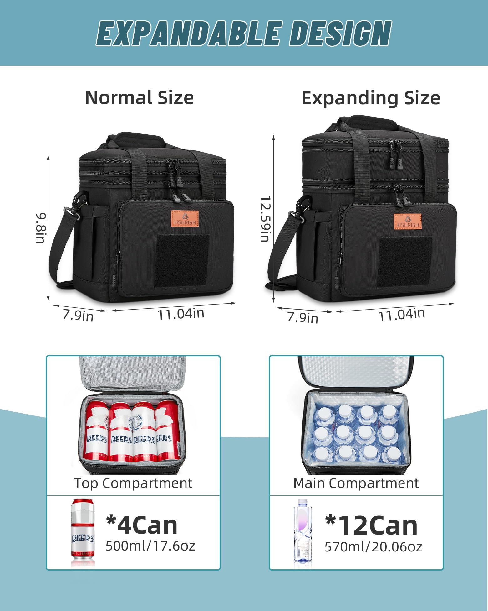 HSHRISH lunchbox expandable upper compartment highlights adjustable height for extra items.