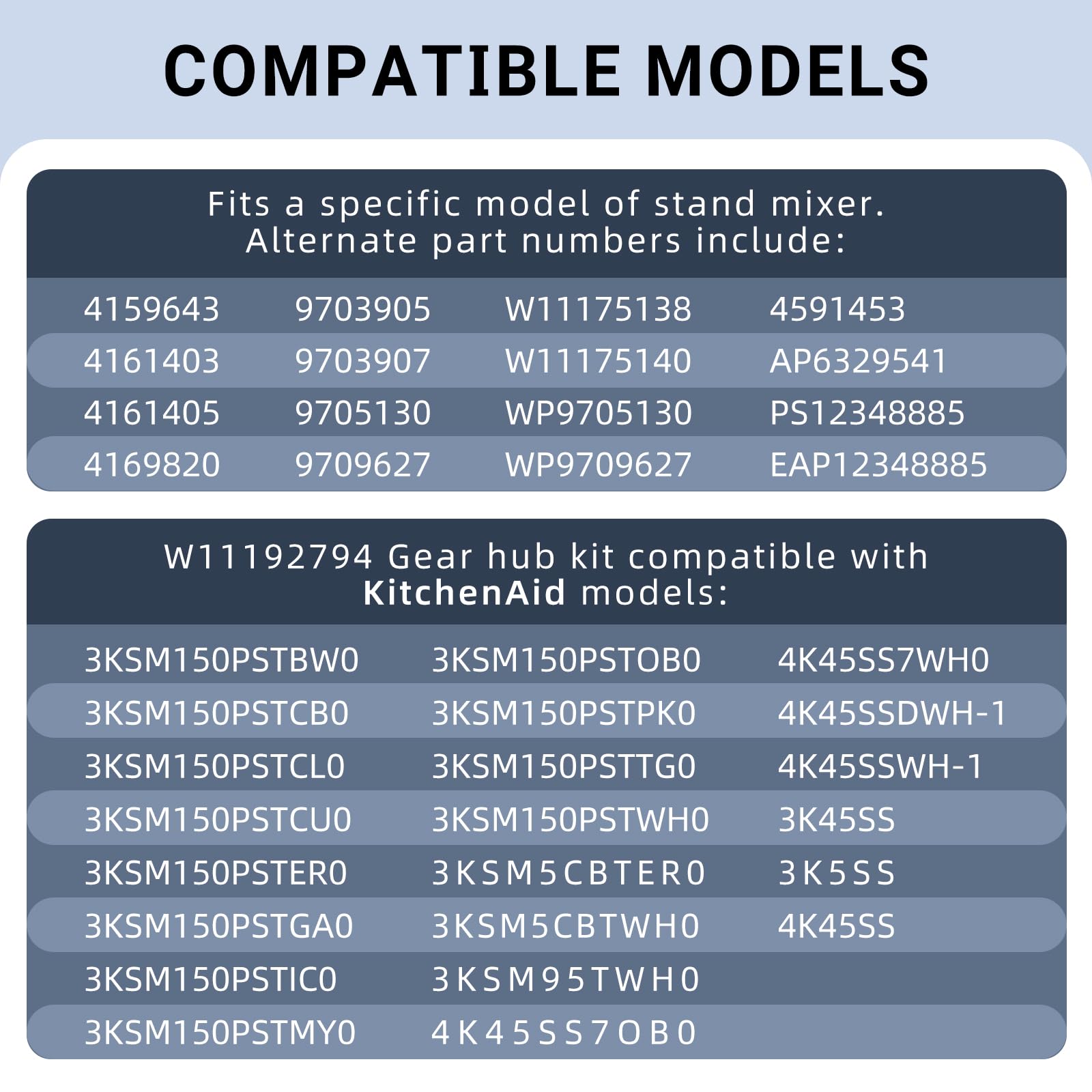 HSJAWA W11192794 compatibility overview, covers multiple 3K/KSM and 4K series mixers.