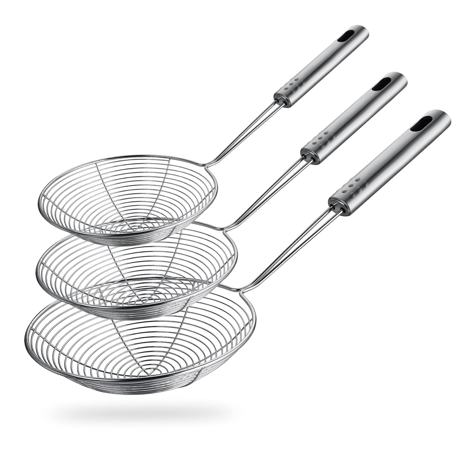 HSpiow spider strainer 4.7in diameter for safe frying and draining hot oil.