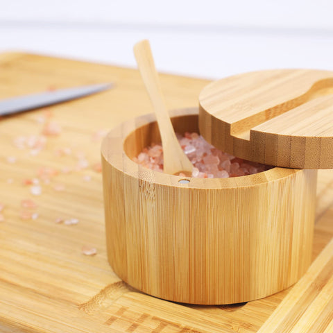 HTB bamboo salt cellar showing mini spoon stored in lid for tidy use