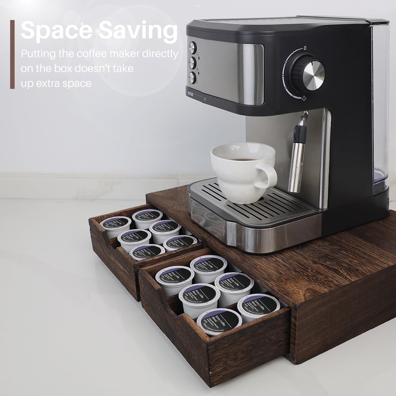 HTB under-coffee-maker setup shows elevated storage.
