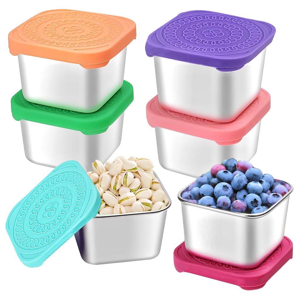 HTEVW 6-pack 6oz snack containers in stainless steel for durable kid-friendly snacks.