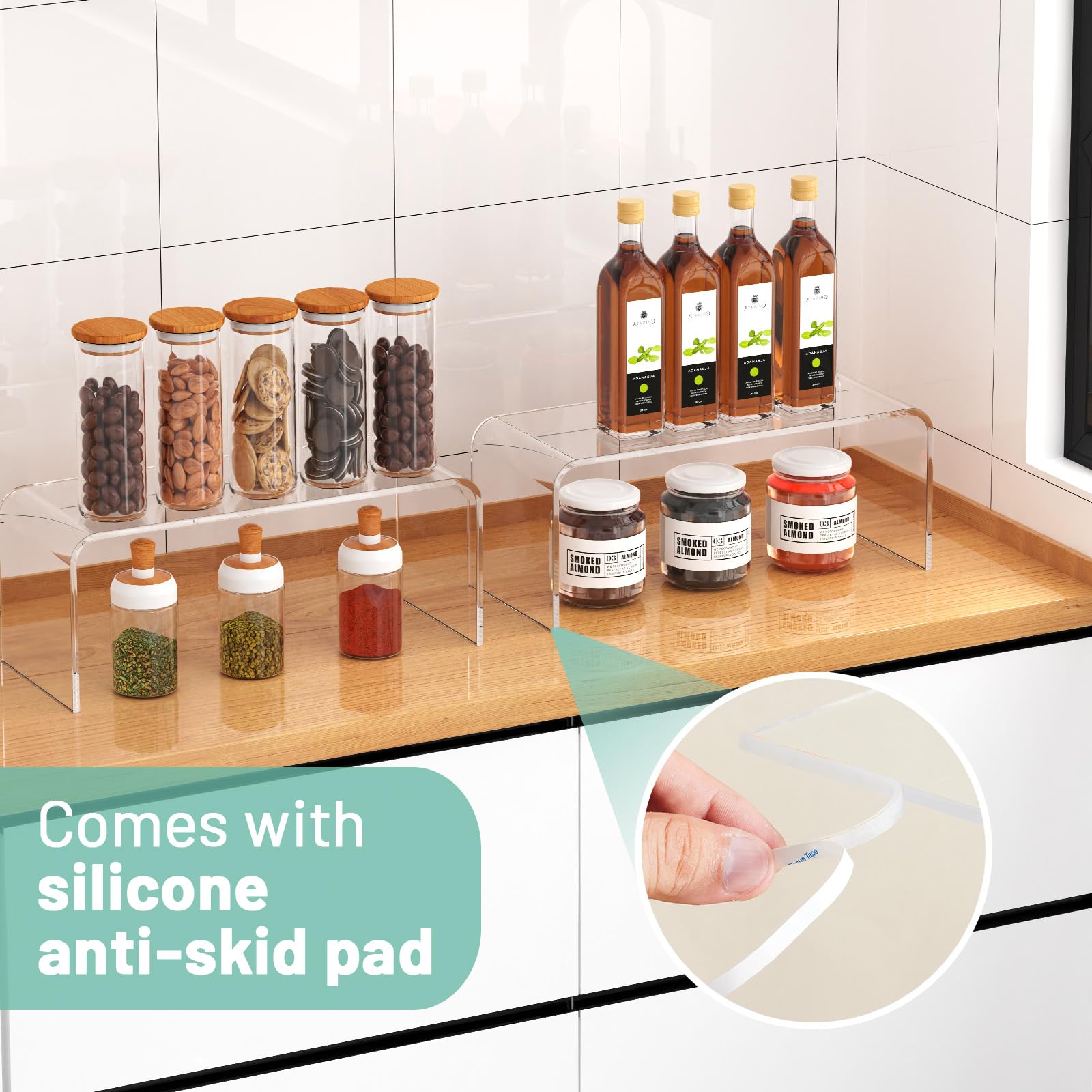 HTRYBNES clear shelf organizers in a two-pack optimize cabinet space.