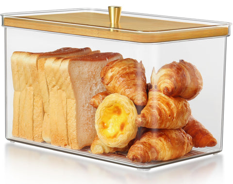 Hudgan Breadbox clear acrylic body highlights fresh bread on the counter