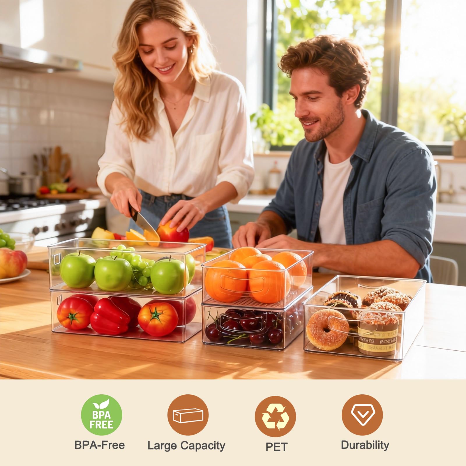 Hudgan clear bin set on kitchen counter for quick grab-and-go snacks.