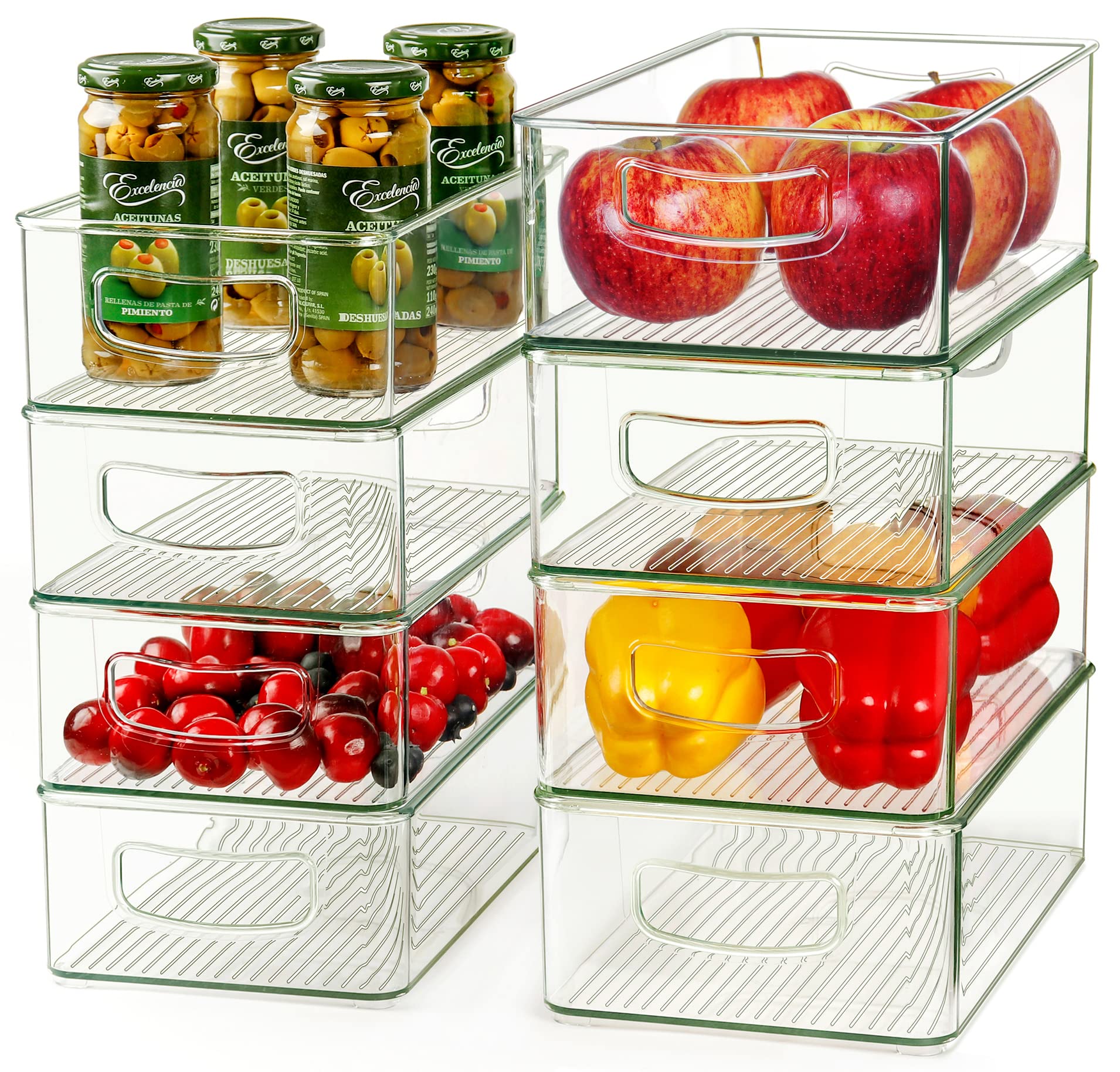 Hudgan clear storage bin for fridge organization and quick access to produce.