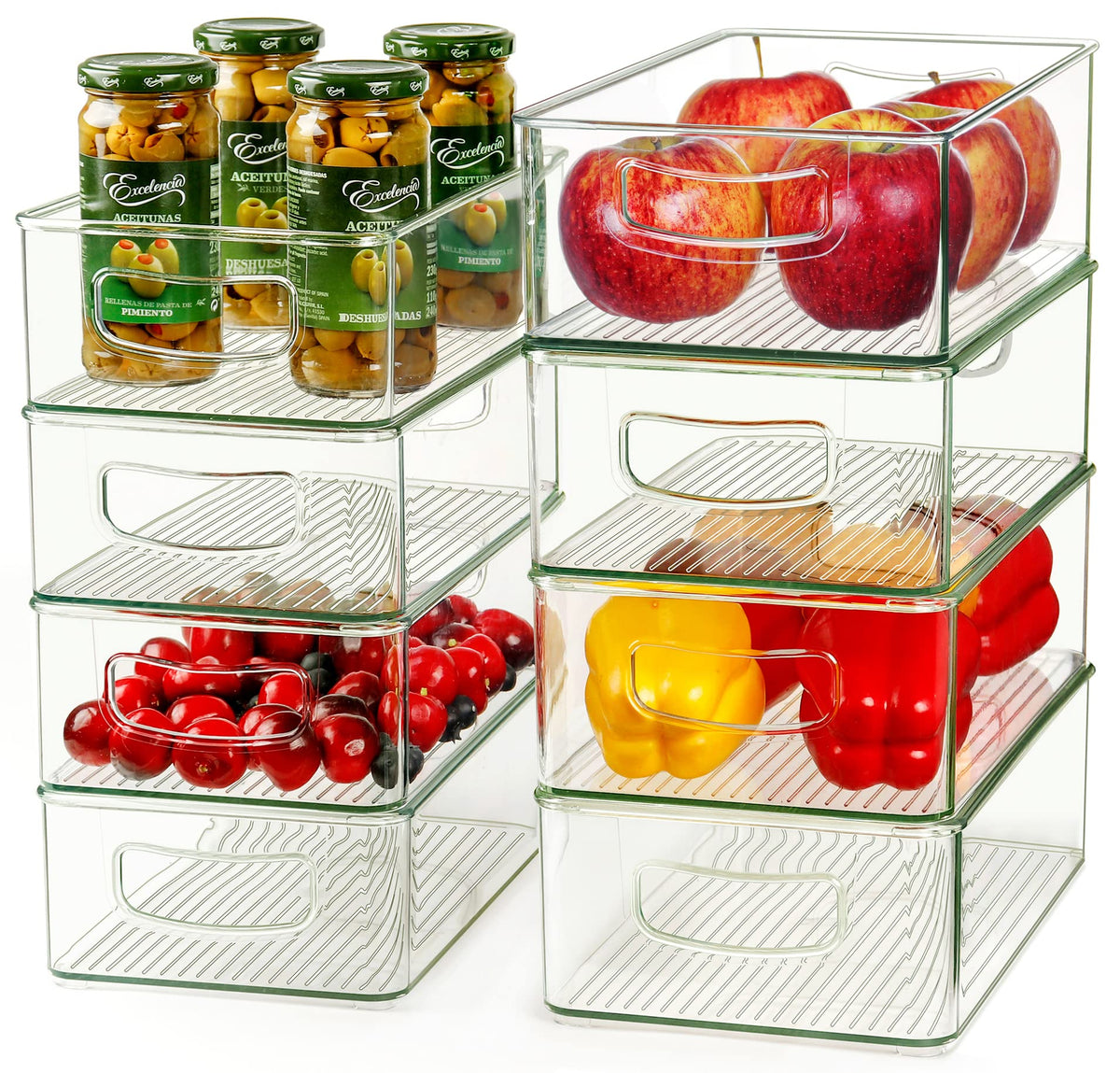 Hudgan clear storage bin for fridge organization and quick access to produce.