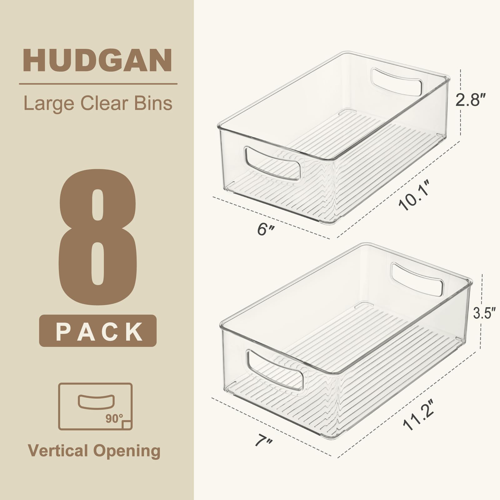 Hudgan clear storage bin with straight sides for efficient shelf use.