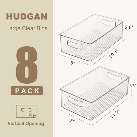 Hudgan clear storage bin with straight sides for efficient shelf use.