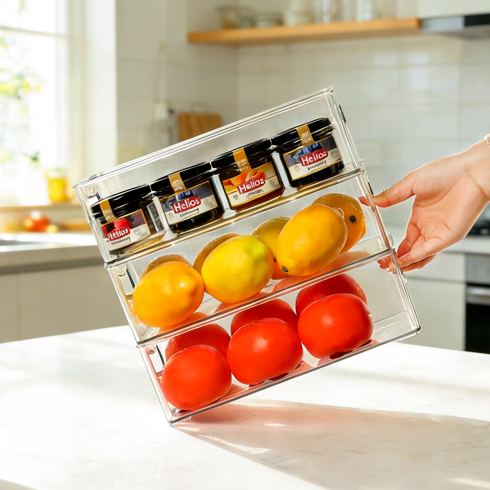 Hudgan stackable plastic bin with built-in handles for easy transport.