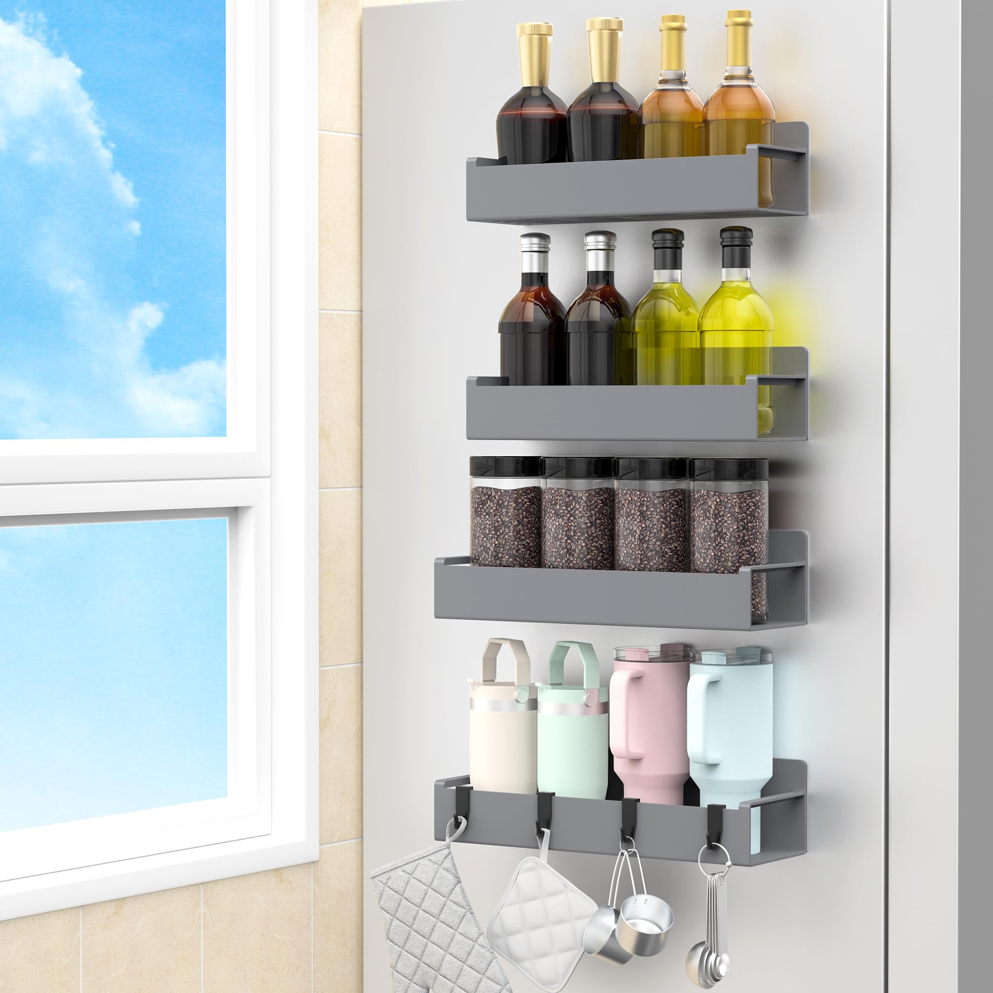 HuggieGems 4-pack magnetic spice rack on fridge front for space-saving organization.