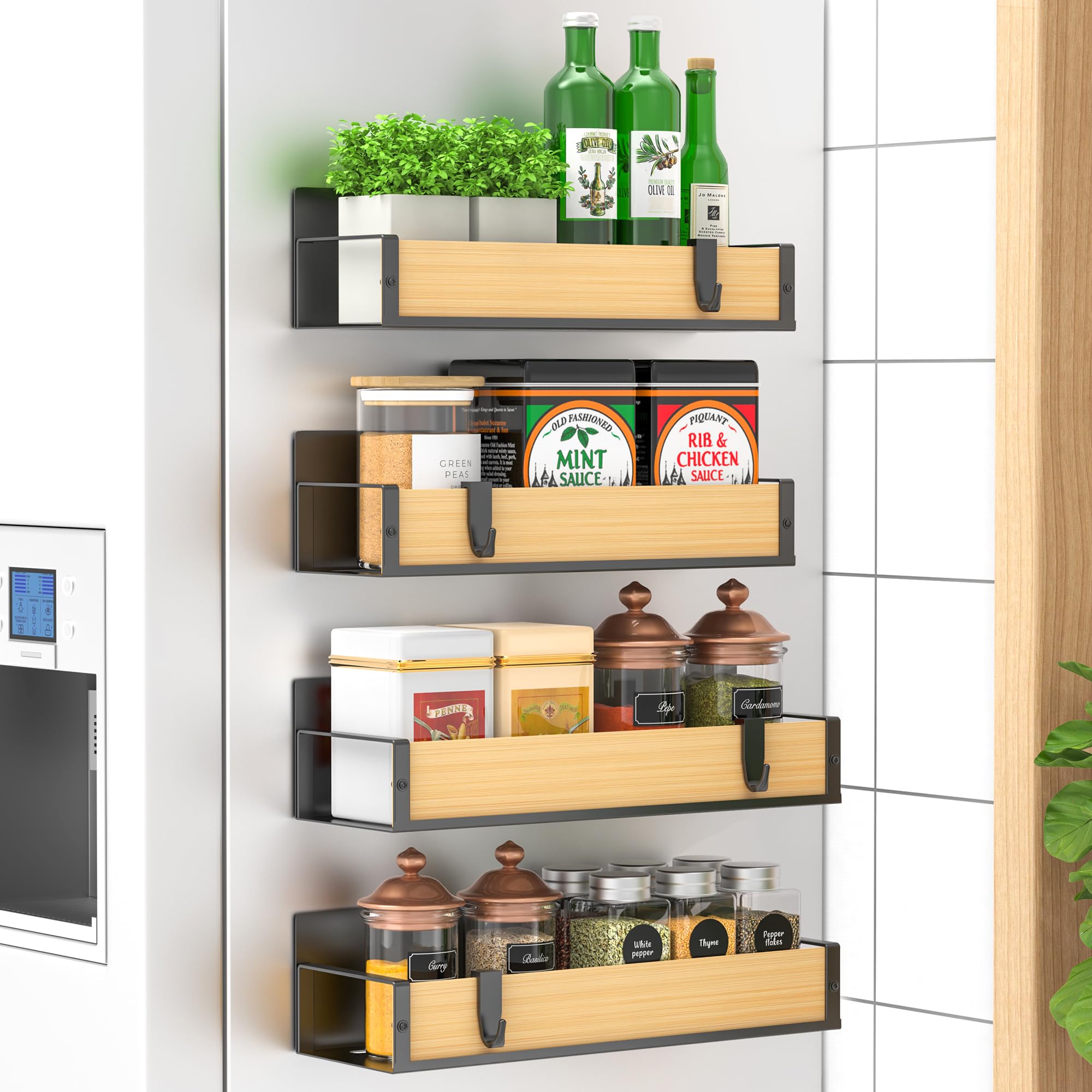 HuggieGems 4-pack magnetic spice racks mounted on fridge side for easy access.