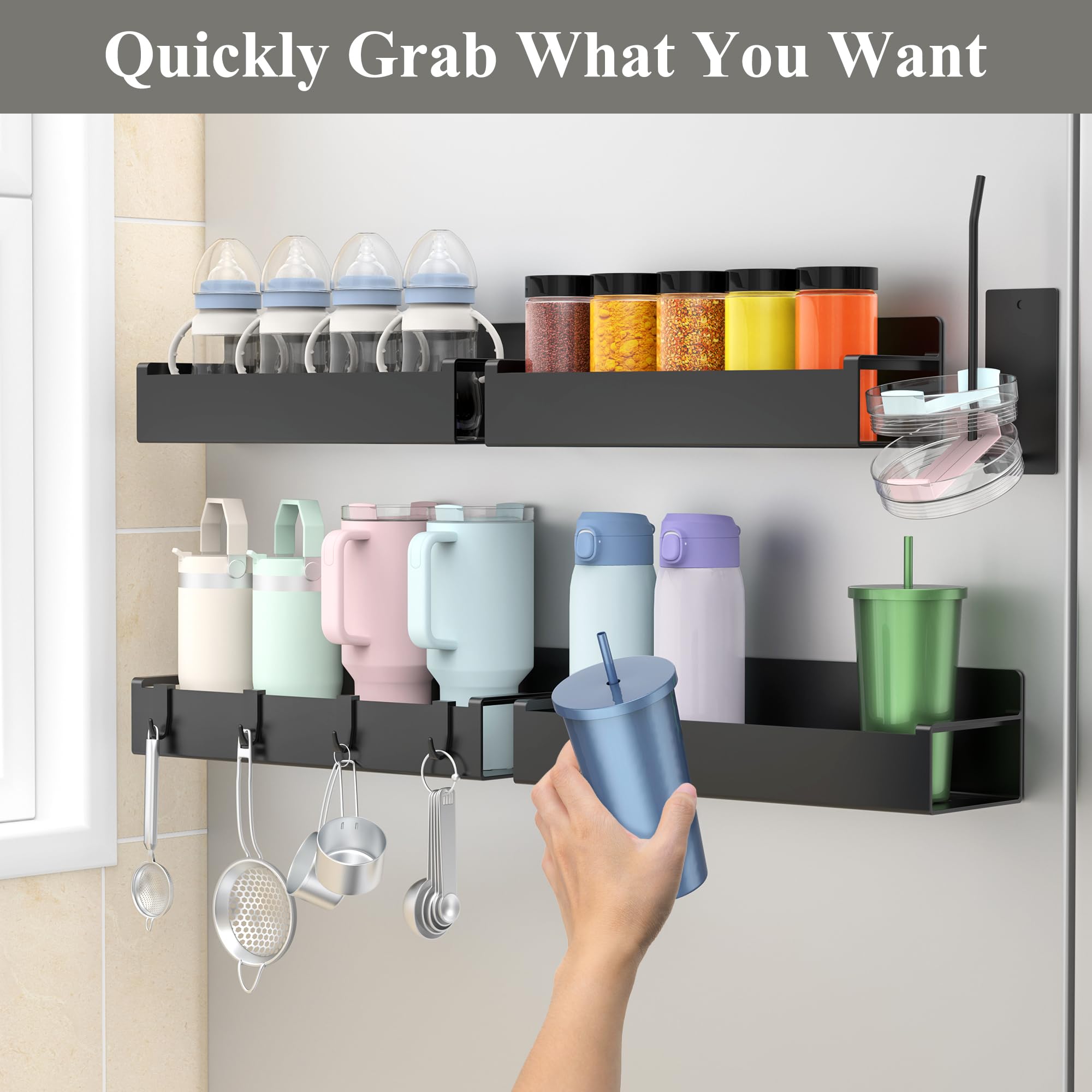 HuggieGems fridge magnet with hooks supports hanging mugs and lids.