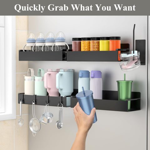 HuggieGems fridge magnet with hooks supports hanging mugs and lids.
