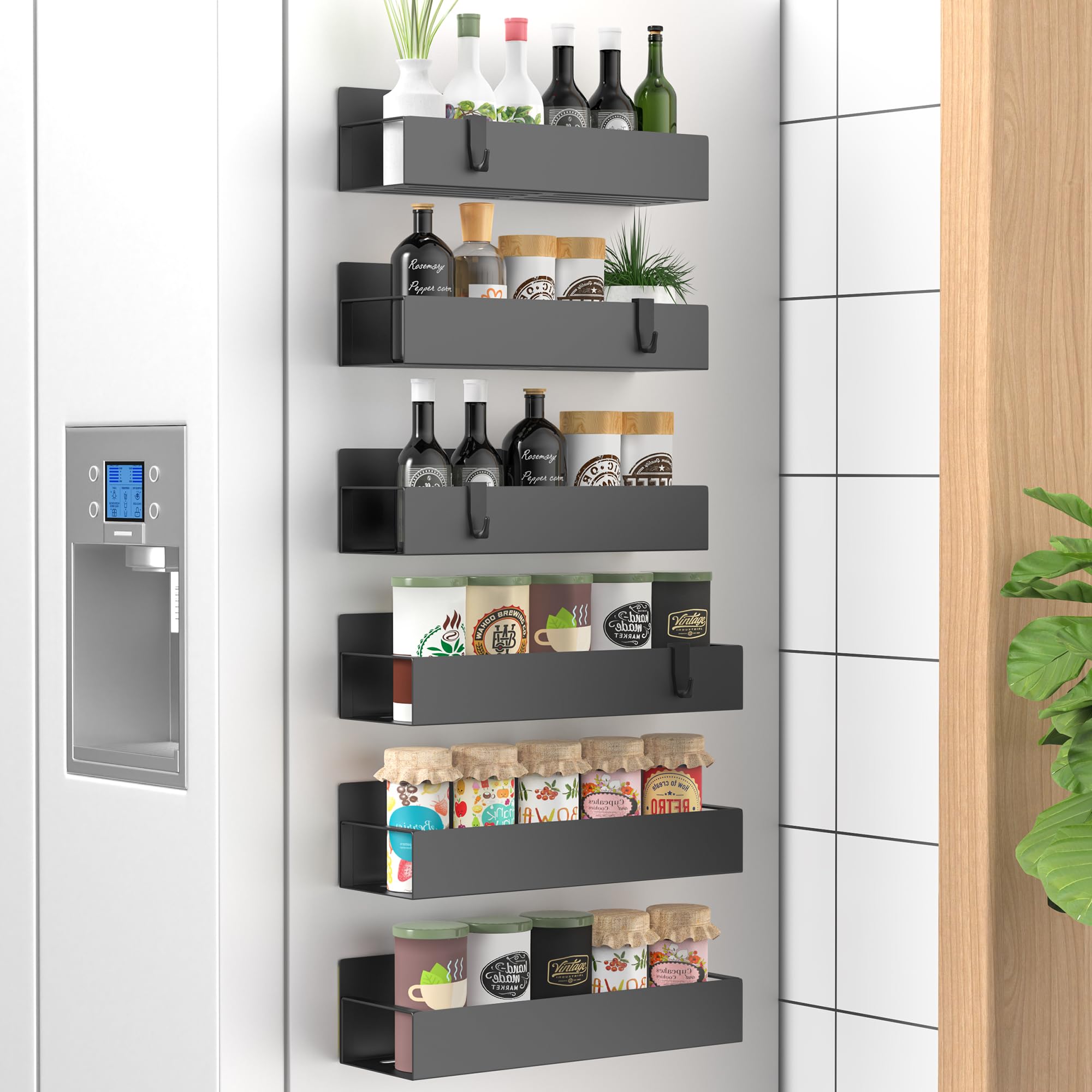 HuggieGems magnetic spice rack on fridge door for quick access to seasonings.