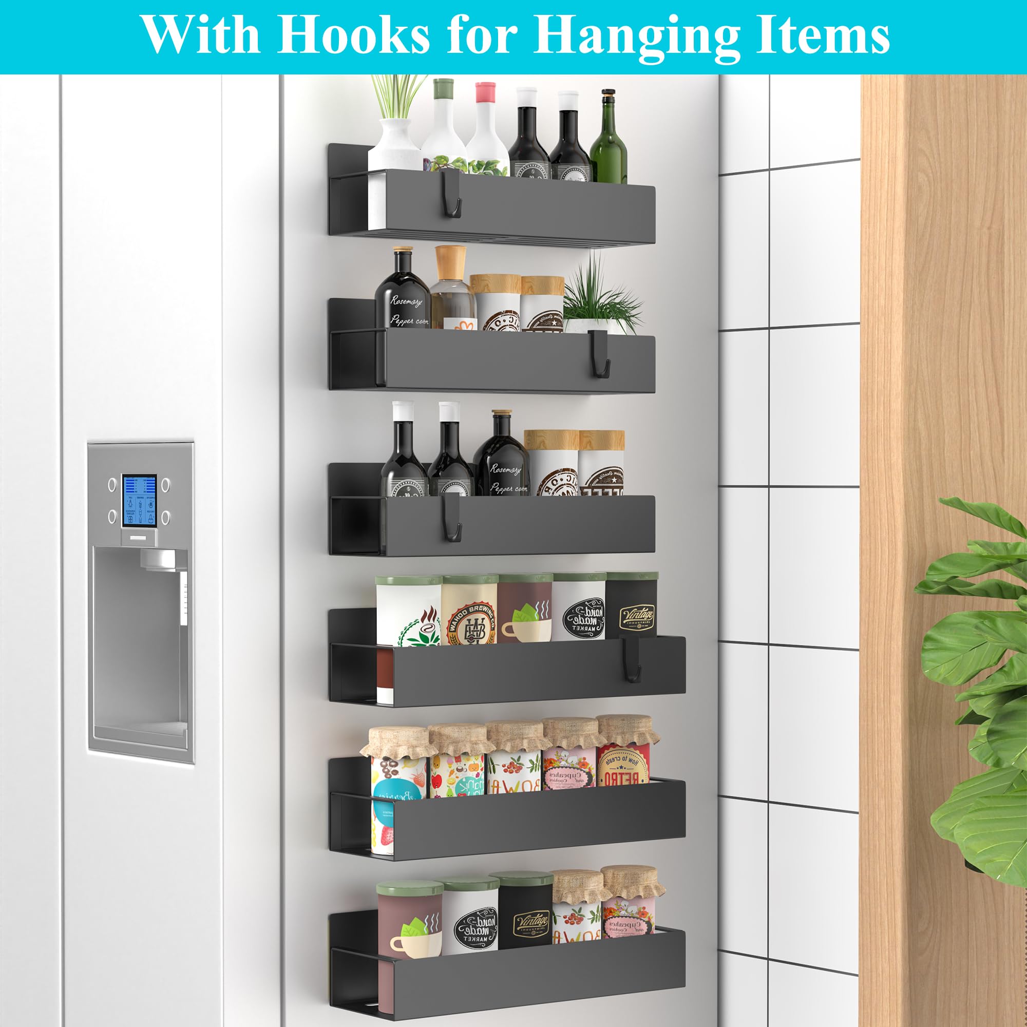 HuggieGems six-pack spice racks neatly organize jars in the fridge.